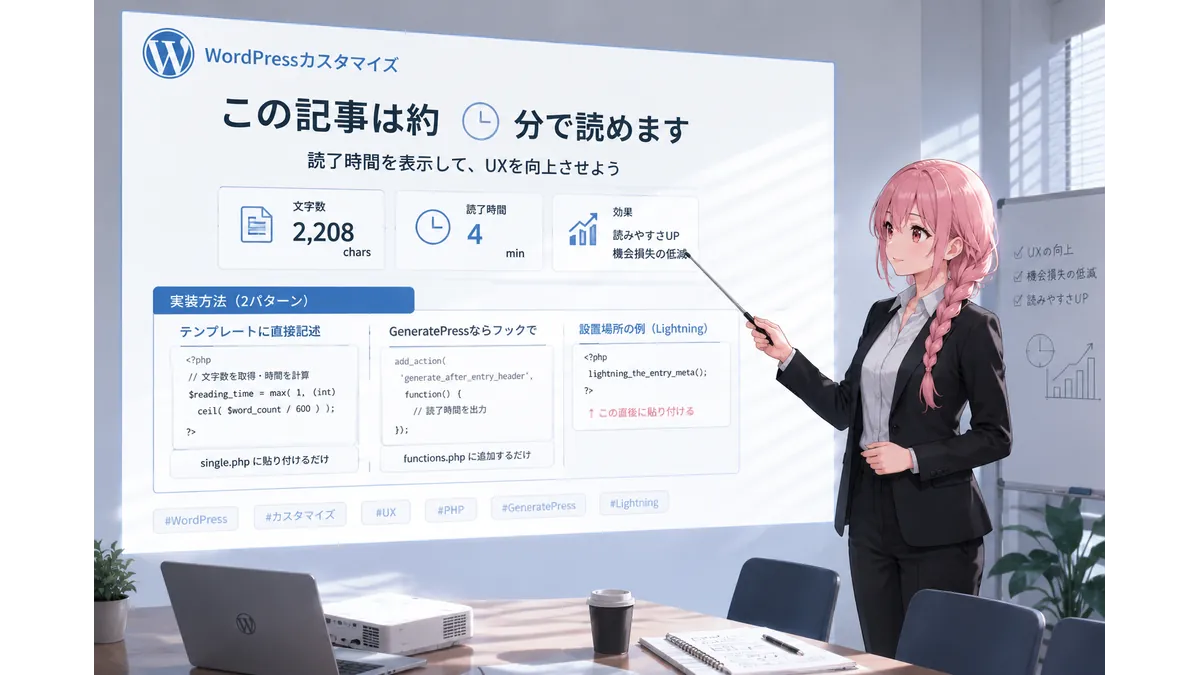 読了時間を表示するWordPress記事のUXを解説するプレゼンテーションイラスト