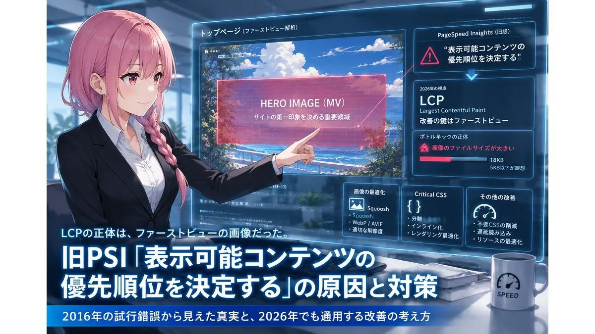 旧PageSpeed Insightsの「表示可能コンテンツの優先順位を決定する」と現在のLCPの関係を解説するイメージ。ファーストビュー画像を解析する女性Webディレクターと、画像サイズ・クリティカルCSS・LCP改善を示すモニター。