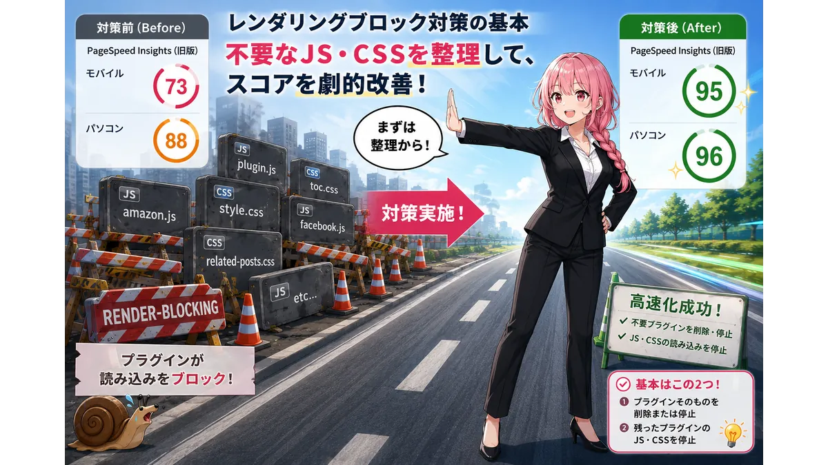 レンダリングブロック対策を道路工事に例えたイメージイラスト。不要なJS・CSSで塞がれた道路を整理し、PageSpeed Insightsのスコアがモバイル73→95、パソコン88→96へ改善する様子を、黒のパンツスーツ姿の女性が案内している。