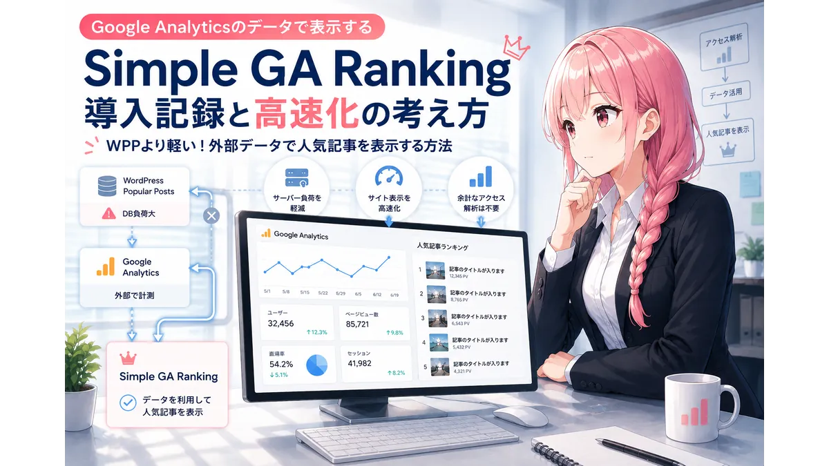 アクセス解析データと人気記事ランキングを統合して管理するイメージの技術ブログ向けイラスト。サーモンピンク髪の女性が整理されたダッシュボードを見つめている。