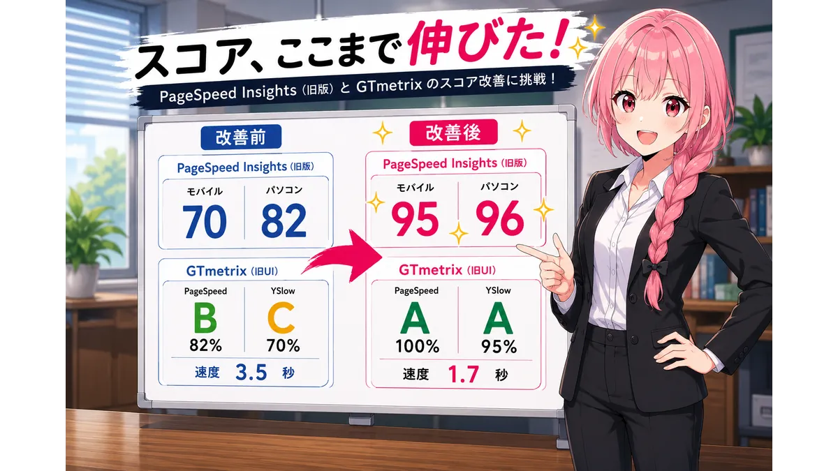 PageSpeed Insights（旧版）とGTmetrixのスコア改善結果を比較したイラスト。改善前後のスコアや表示速度の変化を、パンツスーツ姿の女性がホワイトボードで解説している。