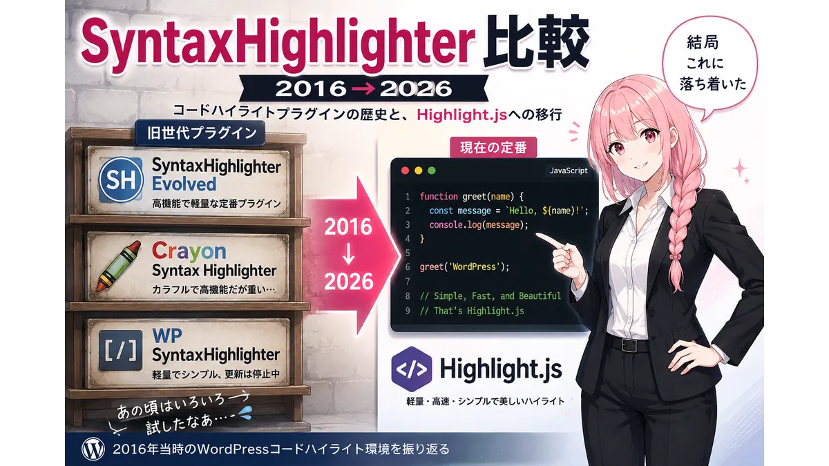 2016年当時のWordPressコードハイライト環境を振り返るアイキャッチ。旧世代のSyntaxHighlighter系プラグインからHighlight.jsへの移行を、黒スーツ姿のピンク髪の少女が案内している。