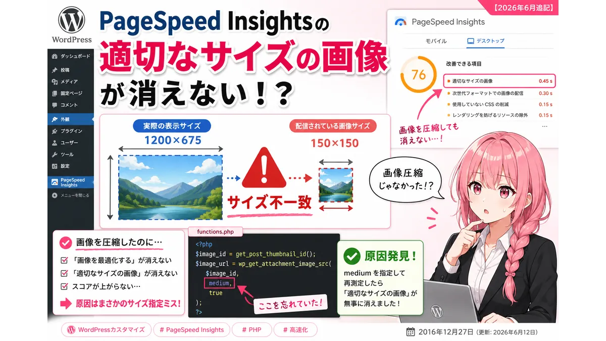 WordPressでPageSpeed Insightsの「適切なサイズの画像」が消えない原因を解説する図解。画像圧縮ではなくサムネイルサイズ指定ミスが原因だった事例。