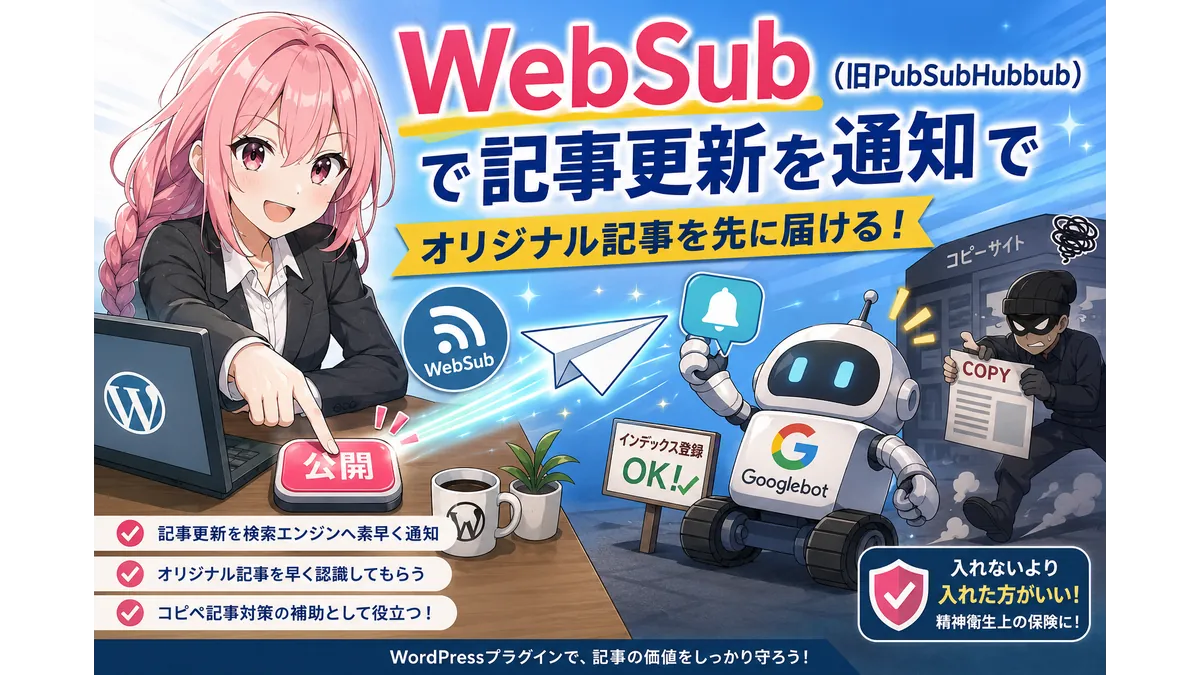 WebSub（旧PubSubHubbub）で記事更新を検索エンジンへ通知するイメージ画像。WordPressの記事公開後に更新情報を素早く届け、オリジナルコンテンツを先に認識してもらう様子を表現している。