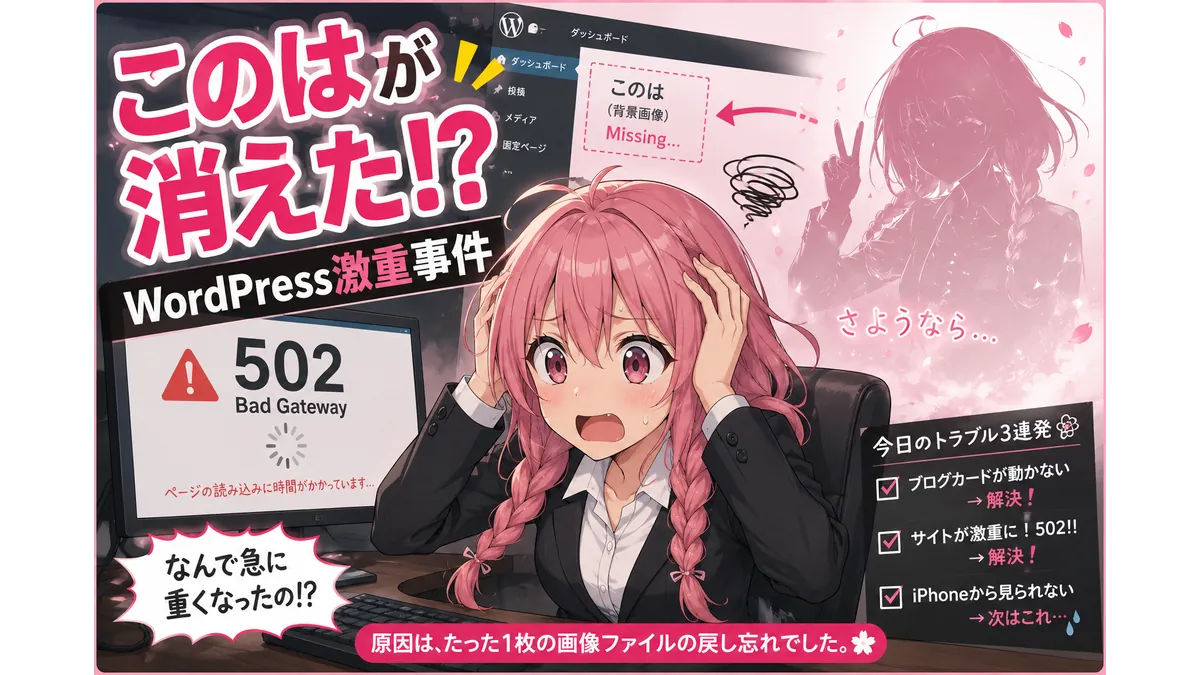 WordPress管理画面から背景画像「このは」が消えたことでサイトが激重化。502エラーに頭を抱えるスーツ姿のピンク髪少女と、消えた背景画像のシルエットを描いたトラブルシューティング記事のアイキャッチ。