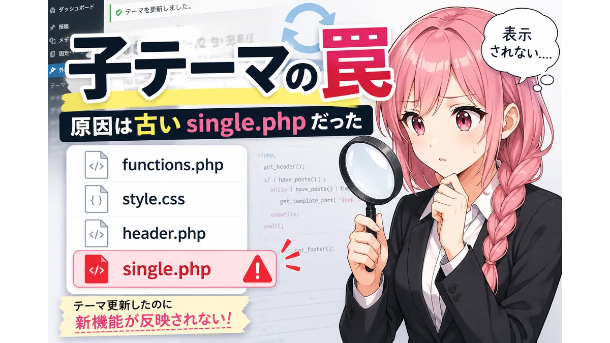 虫眼鏡でWordPressのテンプレートファイルを調査するピンク髪のスーツ姿の少女。single.phpだけが強調表示され、「子テーマの罠」「原因は古いsingle.phpだった」の文字が配置されたアイキャッチ画像。