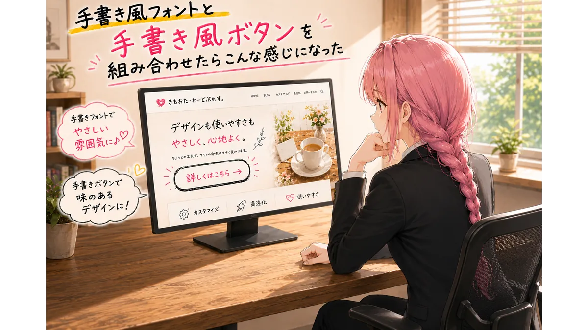 WordPressで手書き風フォントと手書き風ボタンを組み合わせたデザイン例。手書き文字による柔らかな雰囲気と統一感のあるUIを表現。