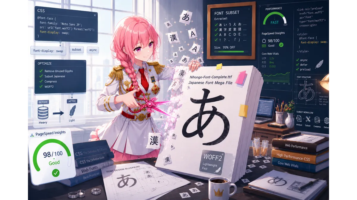 日本語WEBフォントをハサミで切り取ってサブセット化する少女のイメージ