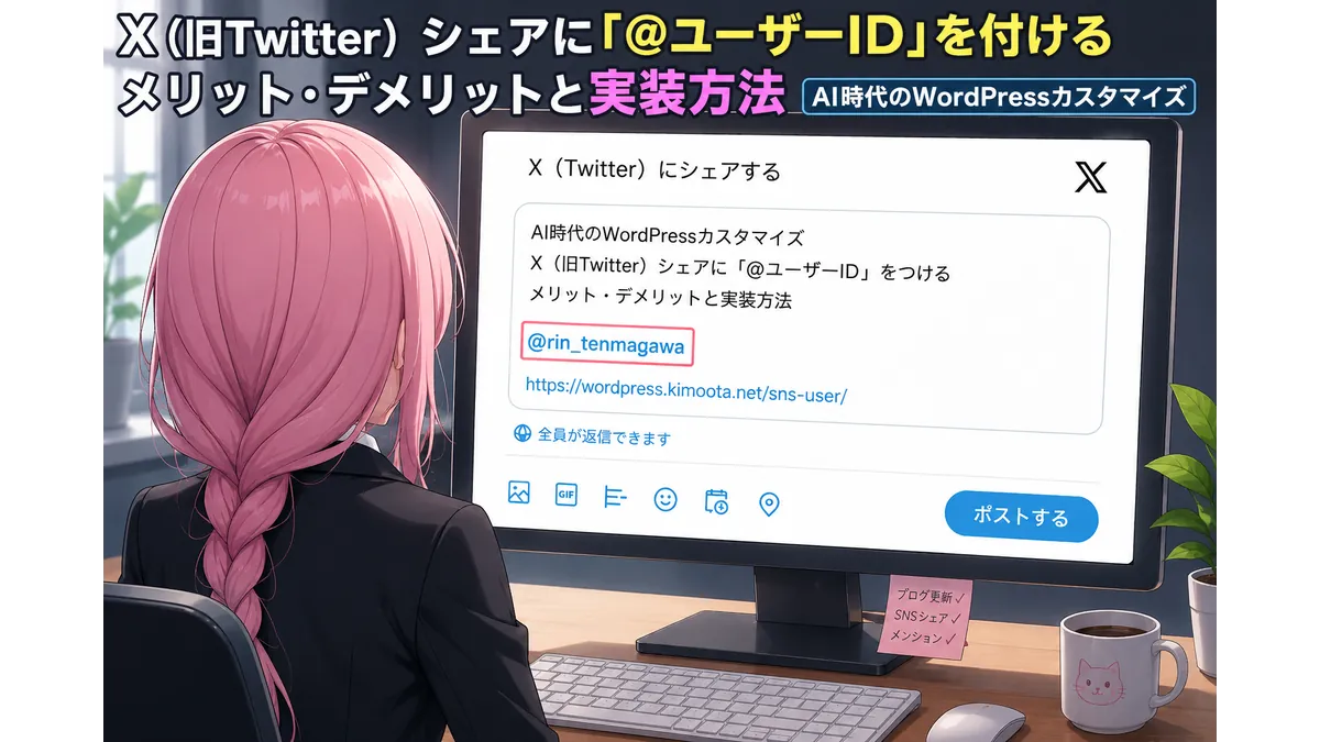 WordPressでX（旧Twitter）のシェアに@ユーザーID（メンション）を追加する方法をイメージしたアイキャッチ。シェア画面にメンションが表示されている。