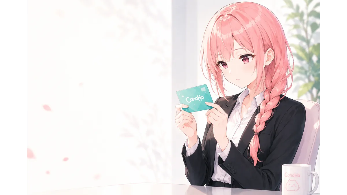 ConoHaカードを手にしたピンク髪の女性。ブログ運営を続ける中で初めて収益化を実感した頃を思わせる、穏やかで懐かしい雰囲気のイラスト。