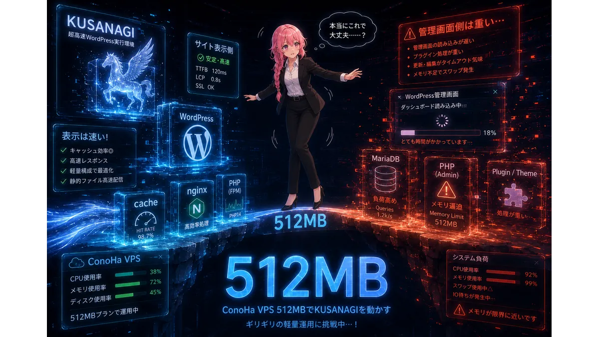 ConoHa VPSの512MBプランでKUSANAGIを運用する様子を描いた技術系イラスト。ピンク髪の少女が「512MB」と書かれた細い光の橋の上でバランスを取りながら立っている。左側ではKUSANAGI・WordPress・nginx・cacheが青い高速エフェクトとともに安定動作し、右側ではWordPress管理画面やPHP・MariaDBが赤い警告表示とともに高負荷状態になっている。軽量運用の綱渡り感を表現した構図。