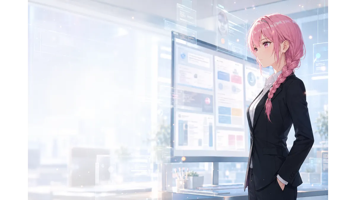 モバイル時代のサイト設計をイメージした、ダッシュボードを見つめる女性Webディレクターのイラスト
