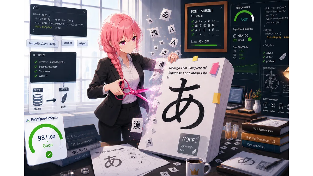 日本語WEBフォントをハサミで切り取ってサブセット化する少女のイメージ