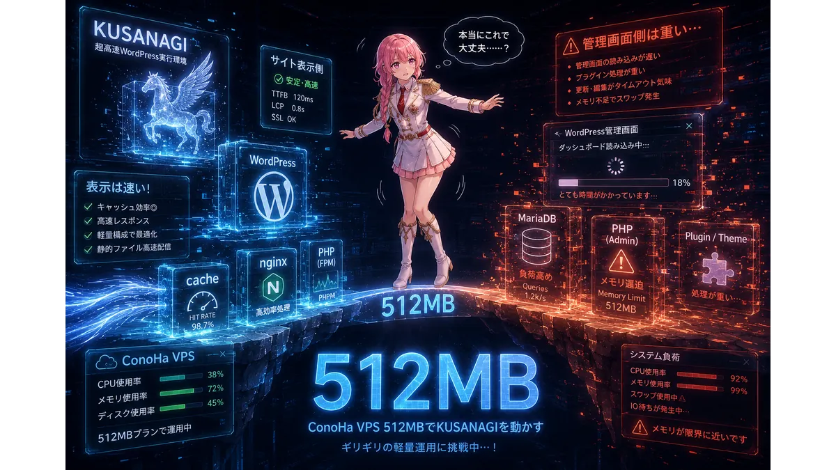 ConoHa VPSの512MBプランでKUSANAGIを運用する様子を描いた技術系イラスト。ピンク髪の少女が「512MB」と書かれた細い光の橋の上でバランスを取りながら立っている。左側ではKUSANAGI・WordPress・nginx・cacheが青い高速エフェクトとともに安定動作し、右側ではWordPress管理画面やPHP・MariaDBが赤い警告表示とともに高負荷状態になっている。軽量運用の綱渡り感を表現した構図。