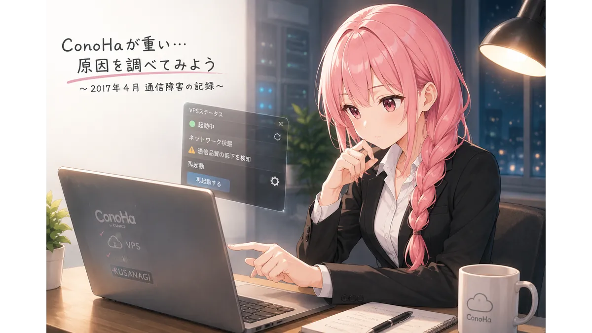 ConoHa VPSが突然重くなった際に原因を調査する女性。ノートPCの画面を見つめながら、通信障害やサーバー不調の切り分けを行う様子をイメージしたイラスト