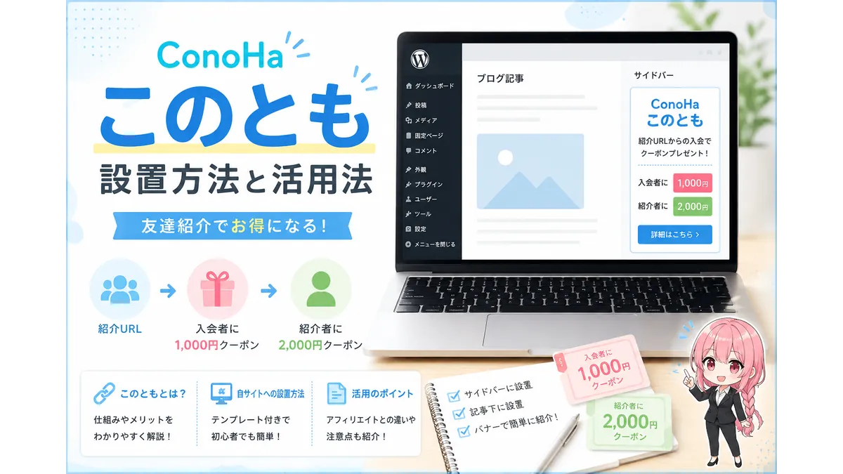 ConoHaの友達紹介制度「このとも」の仕組みと設置方法を紹介するイメージ画像。WordPressサイトへの設置例、紹介URL、入会者1000円クーポン・紹介者2000円クーポンの特典内容を図解している。