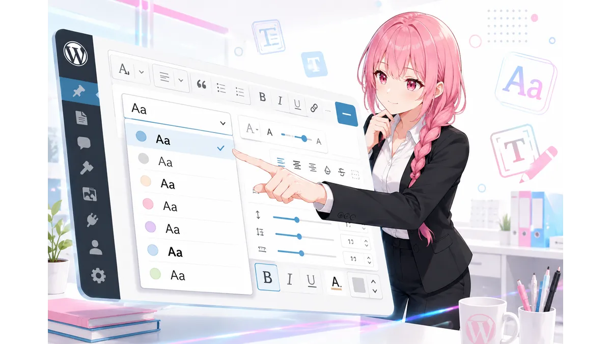 Japanese Font for WordPressのイメージ。WordPress管理画面でフォント設定を行うピンク髪の女性。手書きフォントや日本語Webフォントの導入を表現したイラスト。