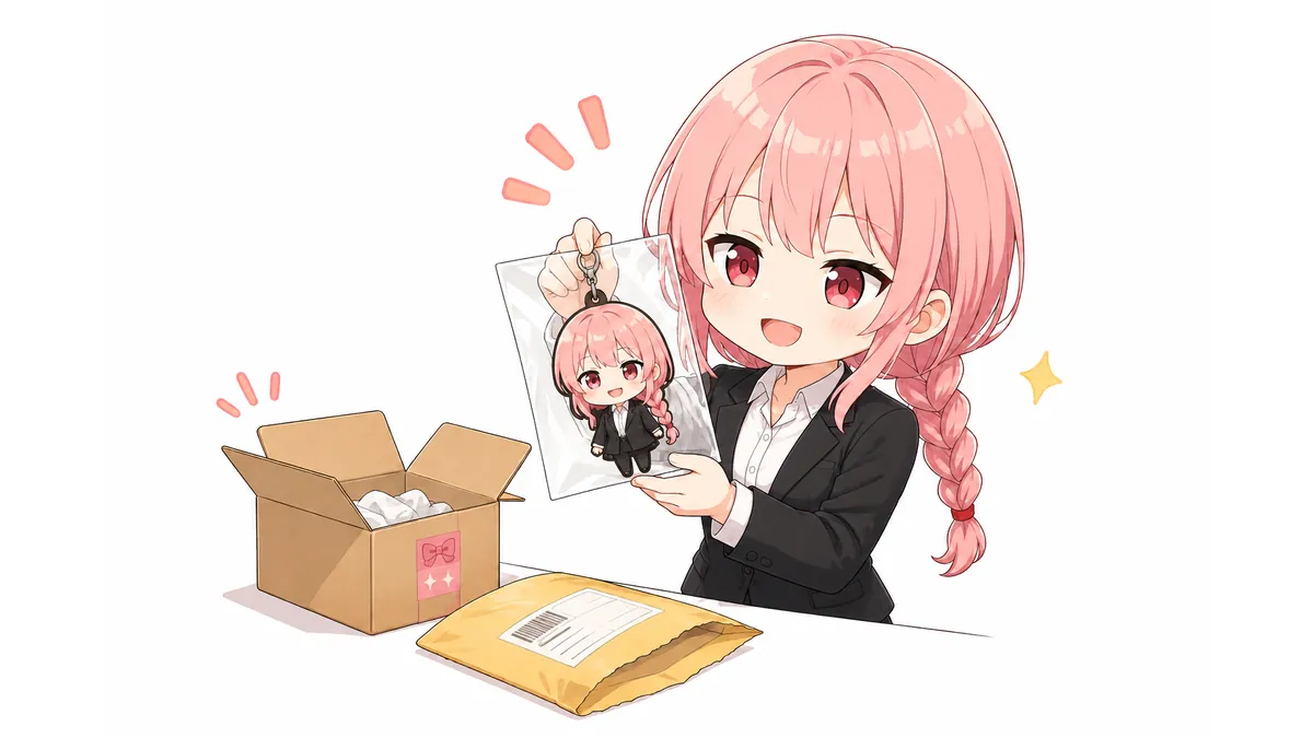 通販で届いたラバーストラップを手に取り喜ぶサイト技術者