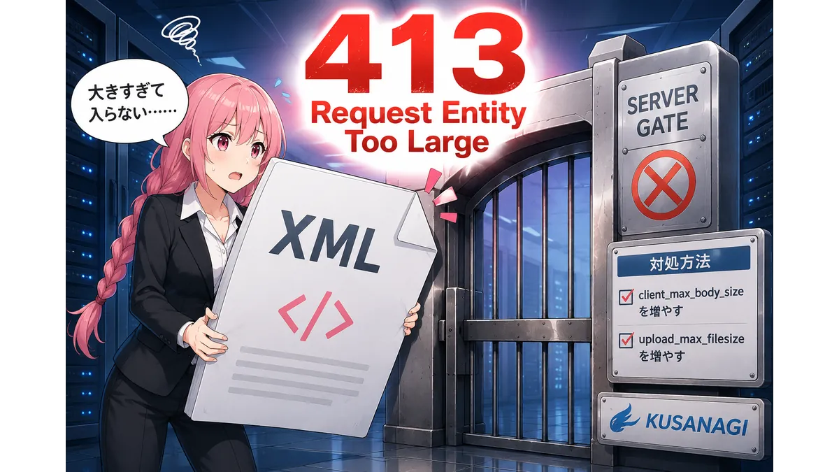 巨大なXMLファイルを抱えたピンク髪の女性が、413 Request Entity Too Largeエラーの表示されたサーバーゲートの前で困っている様子を描いたイラスト。大容量ファイルのアップロード失敗を表現している。