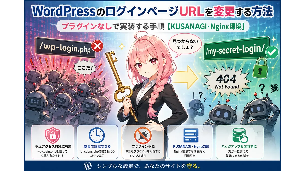 WordPressのログインページURL変更を解説するアイキャッチ画像。wp-login.phpを探すBOTと、大きな鍵を持ってログインURLを隠すピンク髪の少女を描き、プラグインを使わないセキュリティ対策を表現。