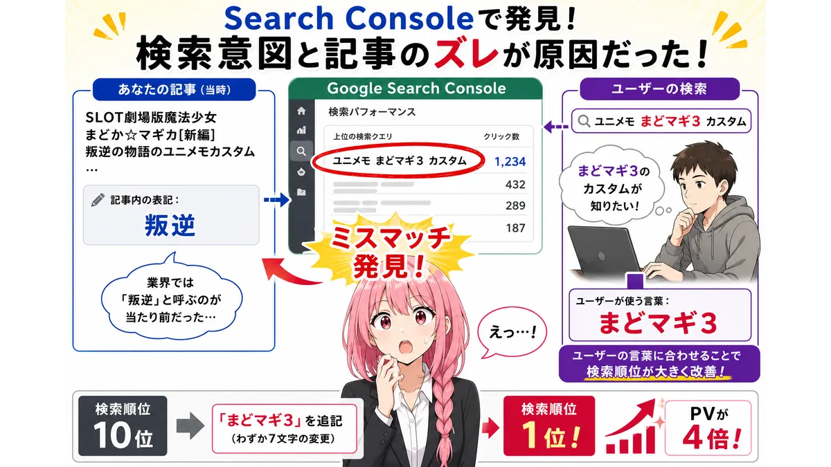 Search Consoleで検索クエリのミスマッチを発見し、記事をリライトした結果、検索順位が10位から1位へ上昇した事例を図解したアイキャッチ画像。