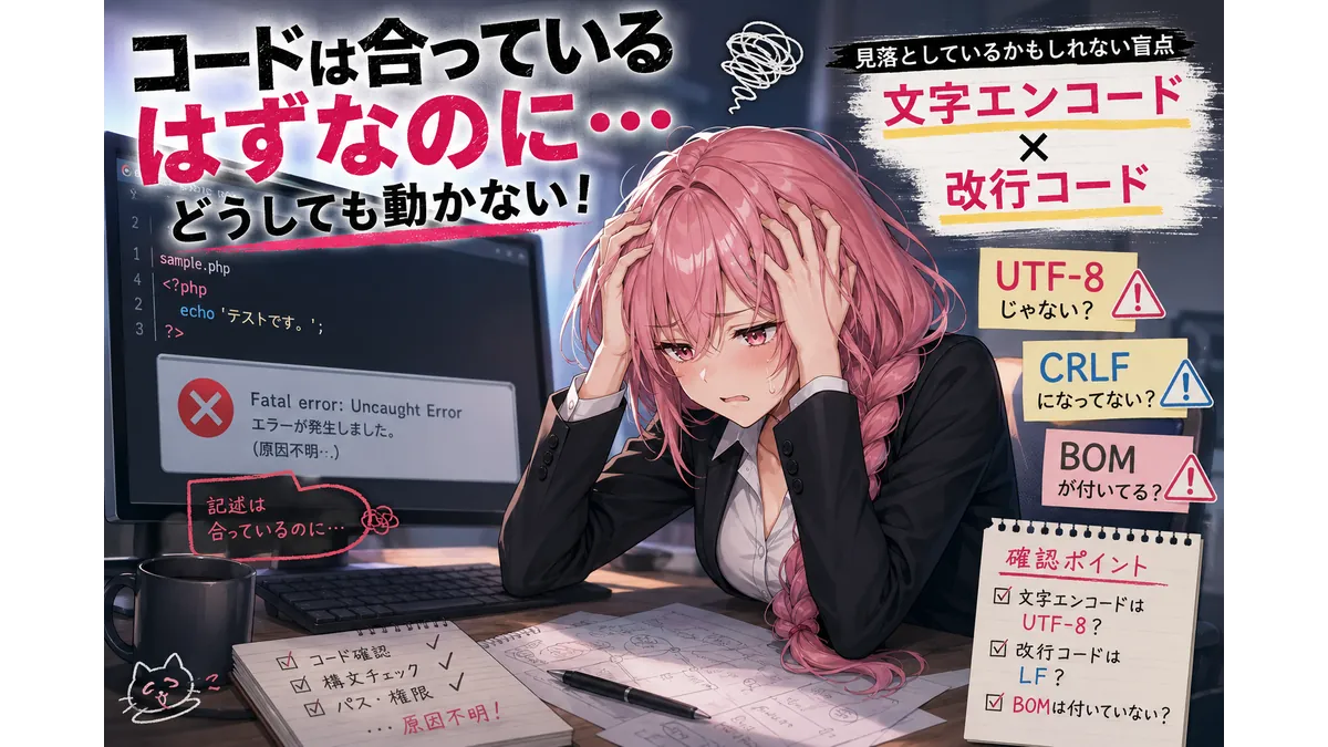 コードは正しいのに動かない原因を調査する女性。UTF-8・LF・CRLF・BOMなど、見落としがちな文字コードや改行コードの問題をテーマにしたアイキャッチ画像。