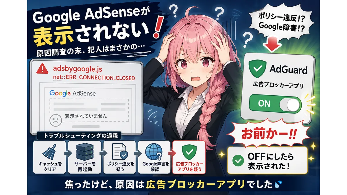 Google AdSenseが表示されないトラブルの解決事例を紹介するアイキャッチ画像。キャッシュ削除、サーバー再起動、ポリシー違反確認などを試した末に、広告ブロッカーアプリが原因だったことを表現している。