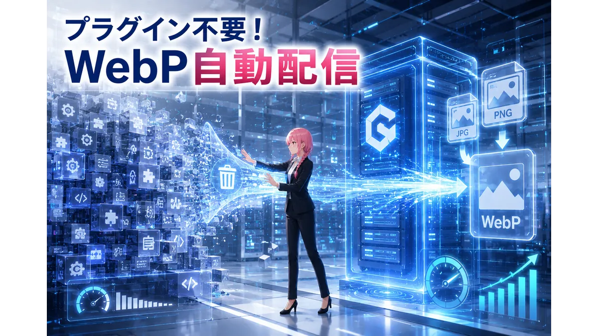 プラグインの削減とNginxによるWebP自動配信を表現したイラスト。黒のパンツスーツ姿の女性が不要なプラグインを整理し、画像がWebPへ変換されながら高速配信される様子を描いている。