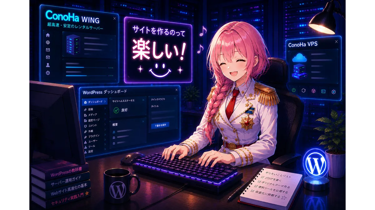 ConoHa WINGとConoHa VPSの管理画面、WordPressダッシュボードを表示しながら、サイト制作を楽しむ女性ブロガー・技術者のアイキャッチ画像。