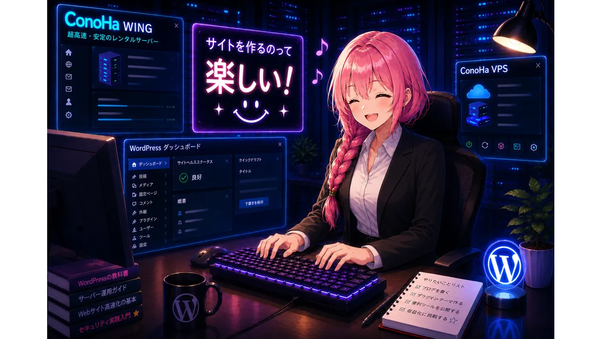 ConoHa WINGとConoHa VPSの管理画面、WordPressダッシュボードを表示しながら、サイト制作を楽しむ女性ブロガー・技術者のアイキャッチ画像。
