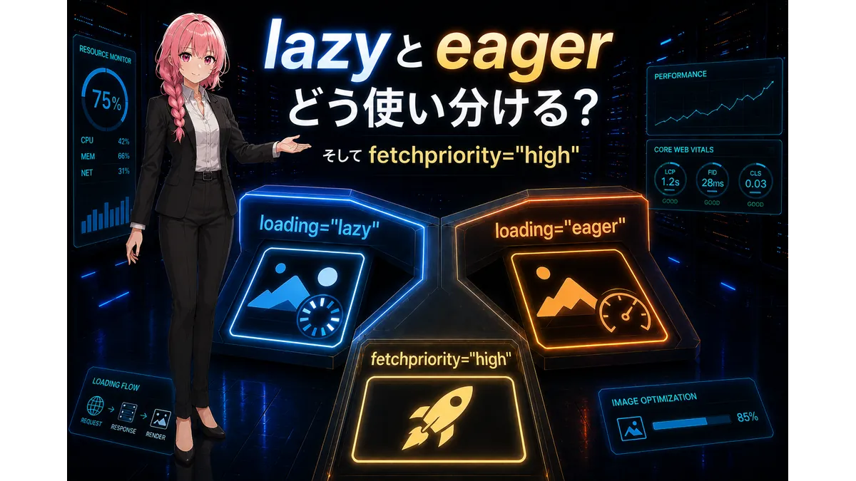 loading="lazy"、loading="eager"、fetchpriority="high"の違いと使い分けを解説するアイキャッチ画像