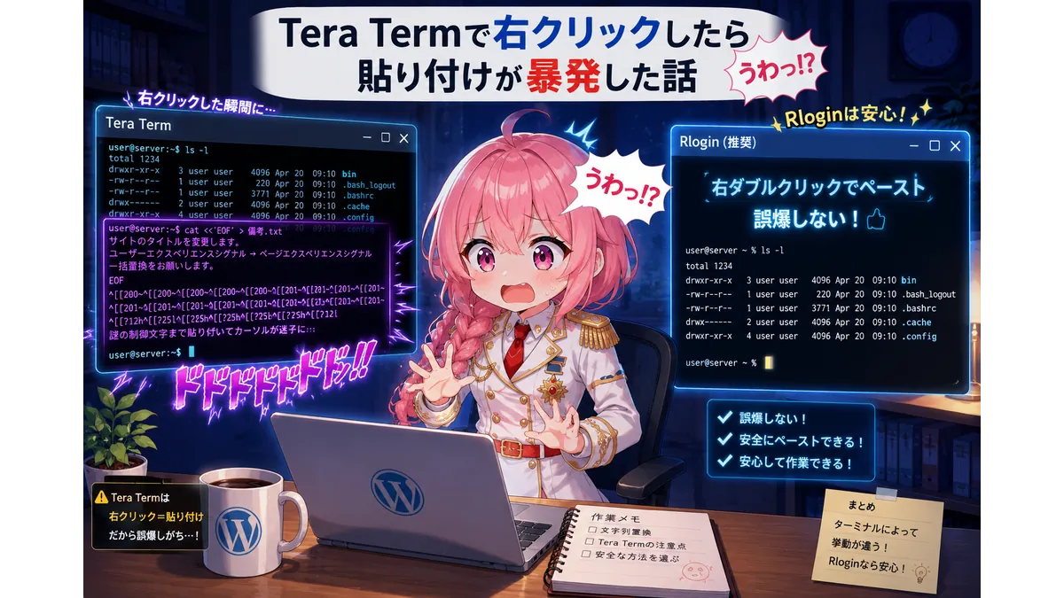 Tera Termの右クリックペースト誤爆（暴発）にびっくりする技術者のイメージ
