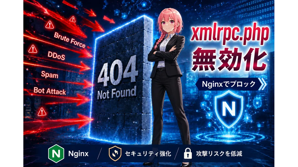 Nginxでxmlrpc.phpを無効化し、DDoS攻撃やブルートフォースアタック対策を行うWordPressセキュリティ解説イラスト
