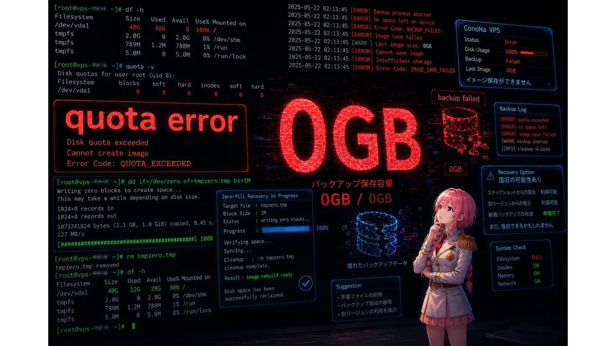 ConoHa VPSのイメージ保存エラーをテーマにした技術系イラスト。巨大な「0GB」ホログラムと「quota error」が表示されたLinuxターミナルの前で、白い軍服姿のピンク髪の少女が復旧作業を行っている。ddコマンドによるゼロ埋め処理や復旧進行状況が表示され、KUSANAGI環境のバックアップ障害をトラブルシューティングしている様子。