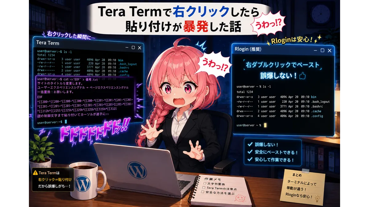 Tera Termの右クリックペースト誤爆（暴発）にびっくりする技術者のイメージ