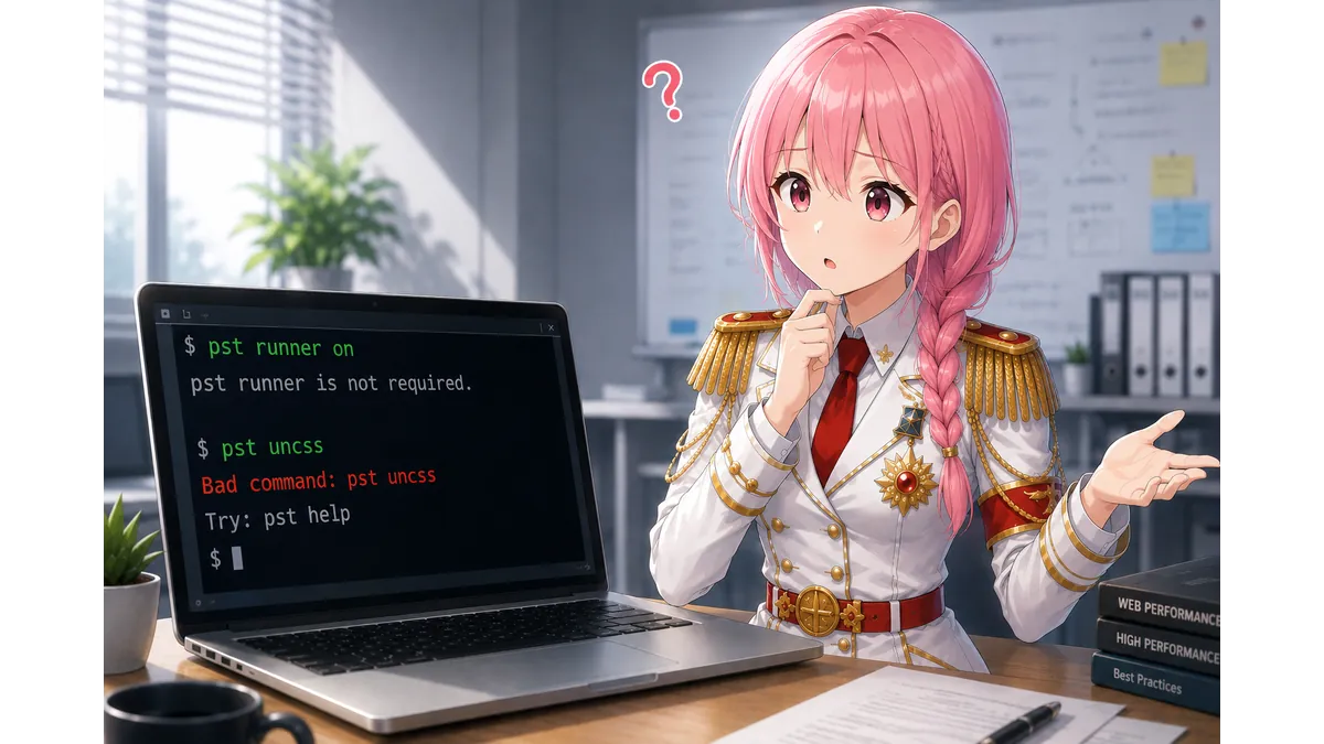 WEXAL PSTのコマンド実行結果を見て困惑する少女。runnerコマンドとuncssコマンドの仕様変更により、公式マニュアル通りに実行しても動作しない状況を表現した技術ブログ用アイキャッチ。
