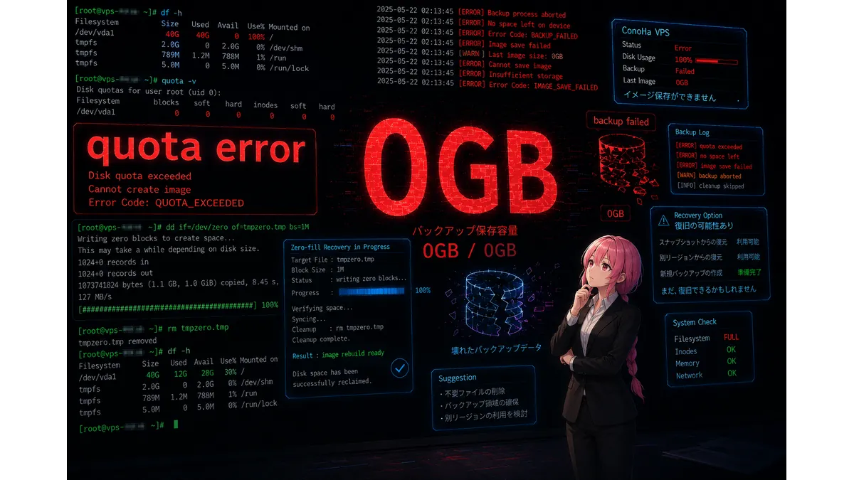 ConoHa VPSのイメージ保存エラーをテーマにした技術系イラスト。巨大な「0GB」ホログラムと「quota error」が表示されたLinuxターミナルの前で、白い軍服姿のピンク髪の少女が復旧作業を行っている。ddコマンドによるゼロ埋め処理や復旧進行状況が表示され、KUSANAGI環境のバックアップ障害をトラブルシューティングしている様子。
