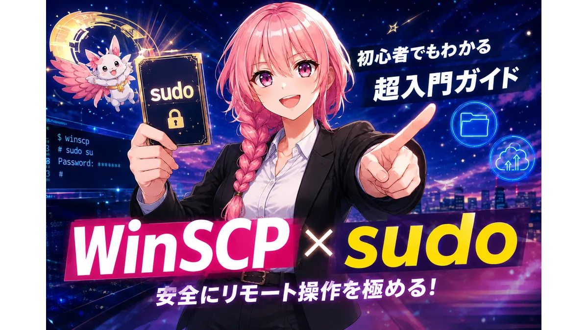 一般ユーザーがWINSCPでroot権限で作業するにはどうすればいい？という問いにsudoすればいいとポーズを決めて回答する少女のイメージ