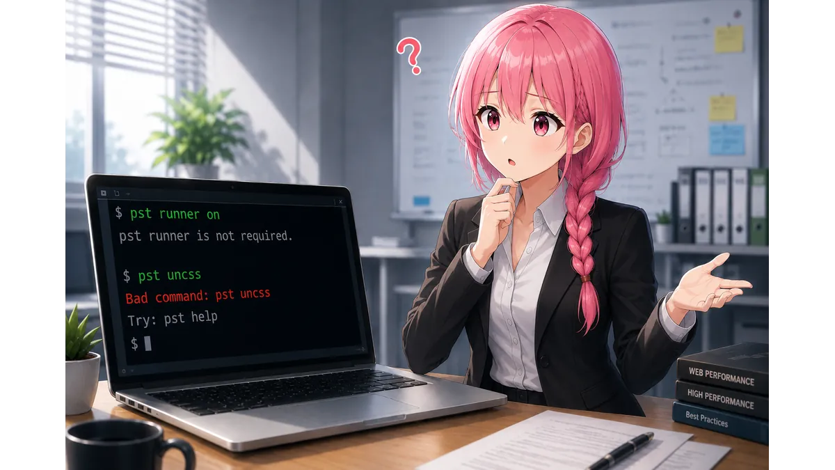 WEXAL PSTのコマンド実行結果を見て困惑する少女。runnerコマンドとuncssコマンドの仕様変更により、公式マニュアル通りに実行しても動作しない状況を表現した技術ブログ用アイキャッチ。