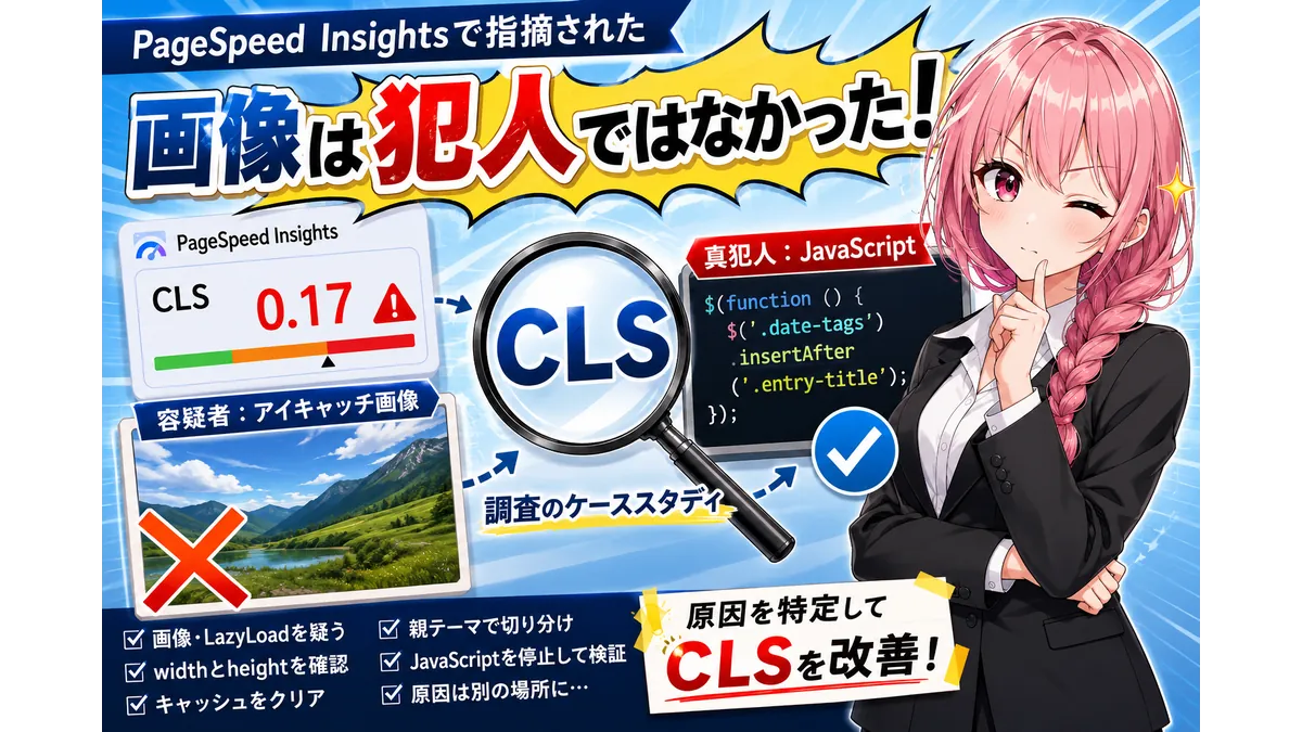 CLSの原因調査で、指摘された画像ではなくJavaScriptが犯人だったことを示すアイキャッチ画像