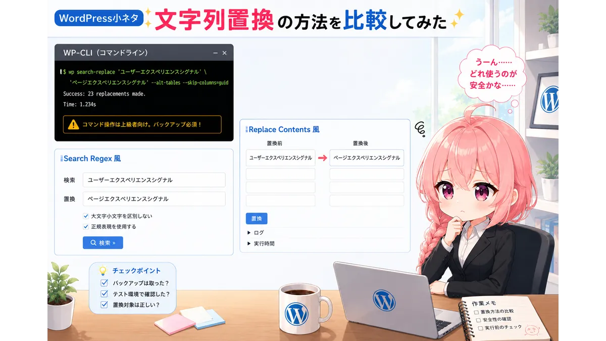 WP-CLI、Search Regex、Replace Contentsで文字置換の方法を悩む技術者のイメージ