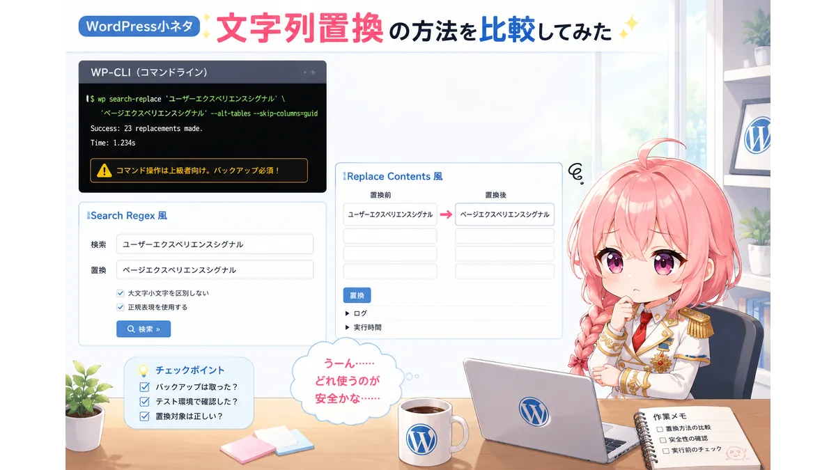 WP-CLI、Search Regex、Replace Contentsで文字置換の方法を悩む技術者のイメージ