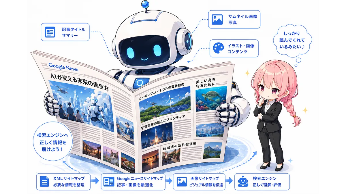 Googleニュースサイトマップと画像サイトマップによって記事や画像情報が検索エンジンへ正しく伝達されている様子。巨大な新聞を読むロボットをチビキャラ少女が見守っているイメージ図