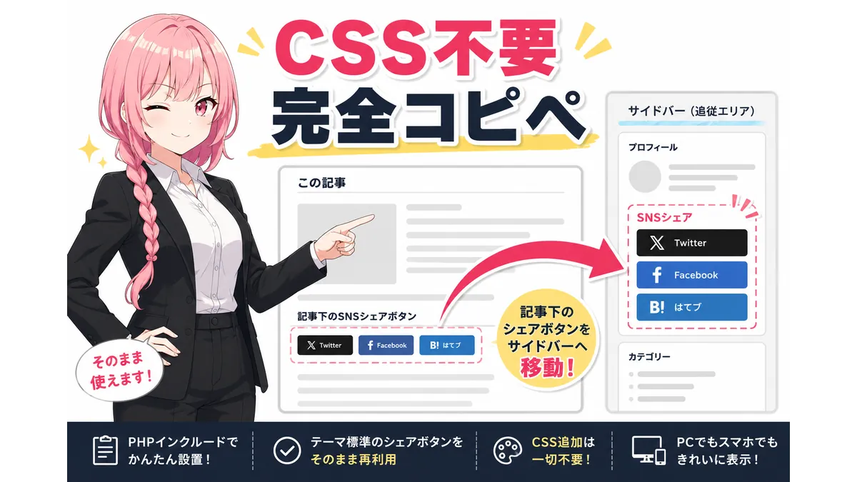 CocoonのSNSシェアボタンをサイドバー追従エリアへ移設するカスタマイズを解説するアイキャッチ