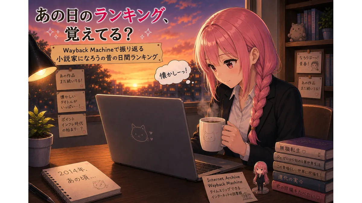 Wayback Machineを使って昔の小説家になろう日間ランキングを振り返るイメージ。夕暮れの部屋でノートパソコンを見つめ、懐かしそうに過去のランキングを思い返す少女のイラスト。