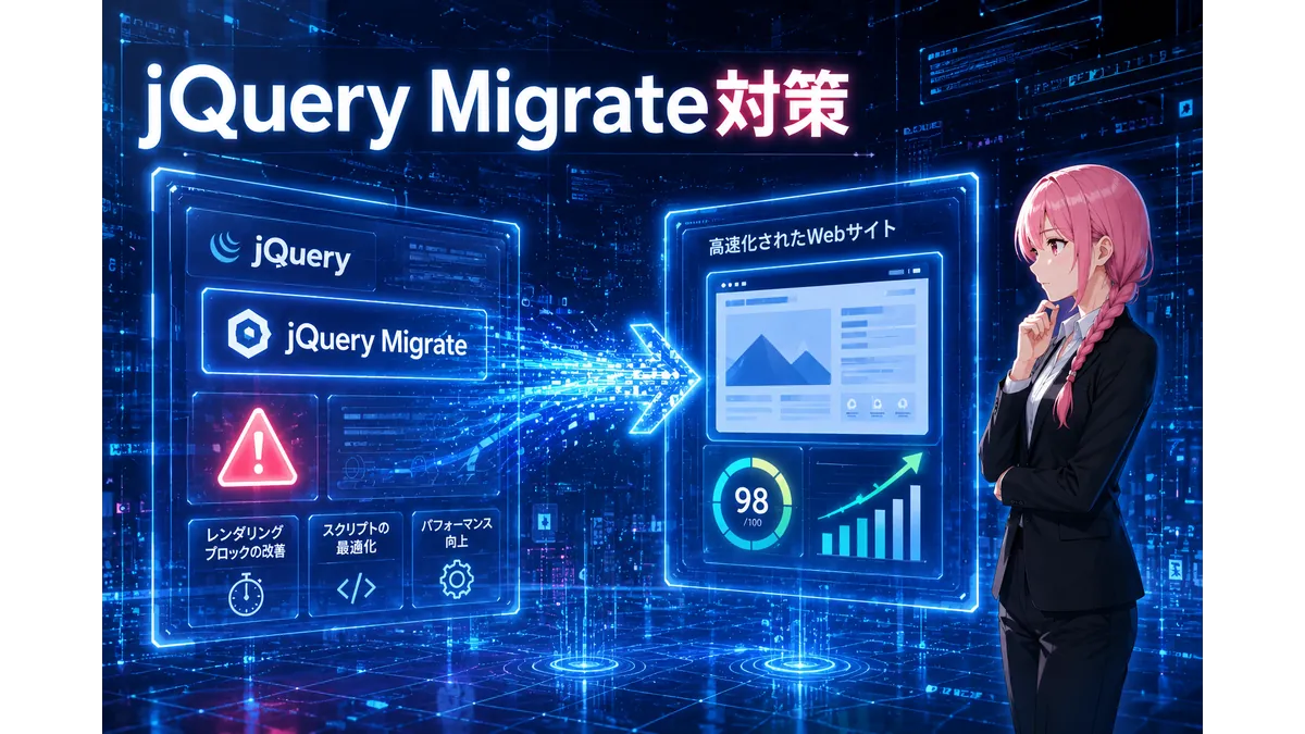 jQuery Migrate対策のイメージ。jQueryとjQuery Migrateの警告表示から高速化されたWebサイトへ改善される様子を、サイバー風の技術パネルと黒いパンツスーツの女性で表現したイラスト