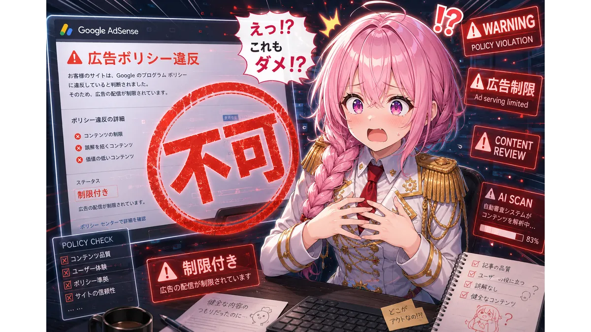 GoogleAdSenseポリシー違反の通知が来て「これでダメなの？」と戸惑うサイト運営者の少女