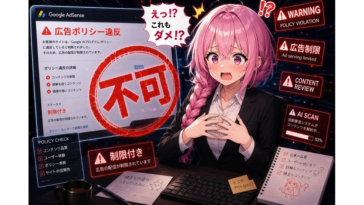 GoogleAdSenseポリシー違反の通知が来て「これでダメなの？」と戸惑うサイト運営者の少女