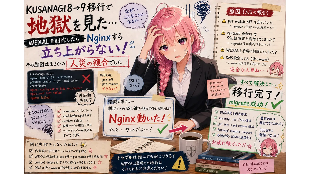 KUSANAGIを移行しようとしたらトラブルシューティングで苦しむ少女のイメージ画像