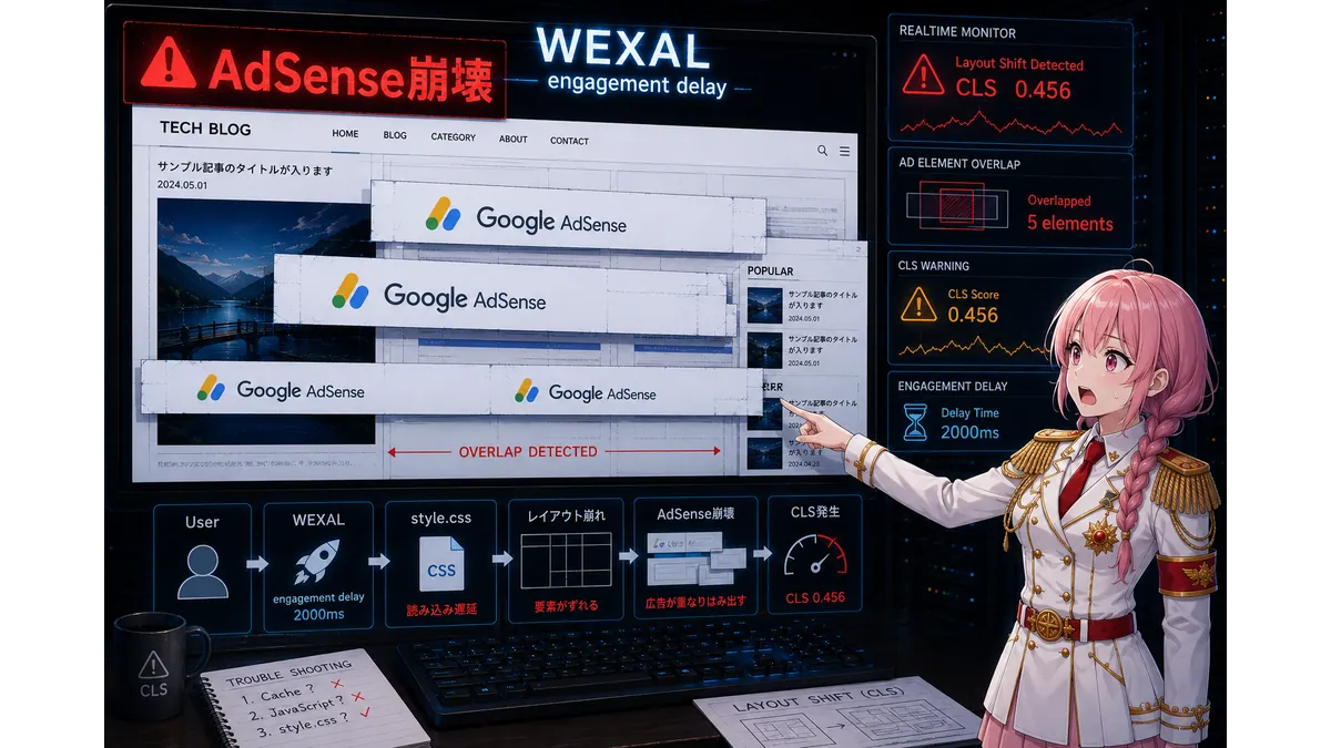 WEXAL導入後にengagement delayが原因でAdSense広告が重なり、レイアウト崩れが発生した状況を示す図解アイキャッチ。